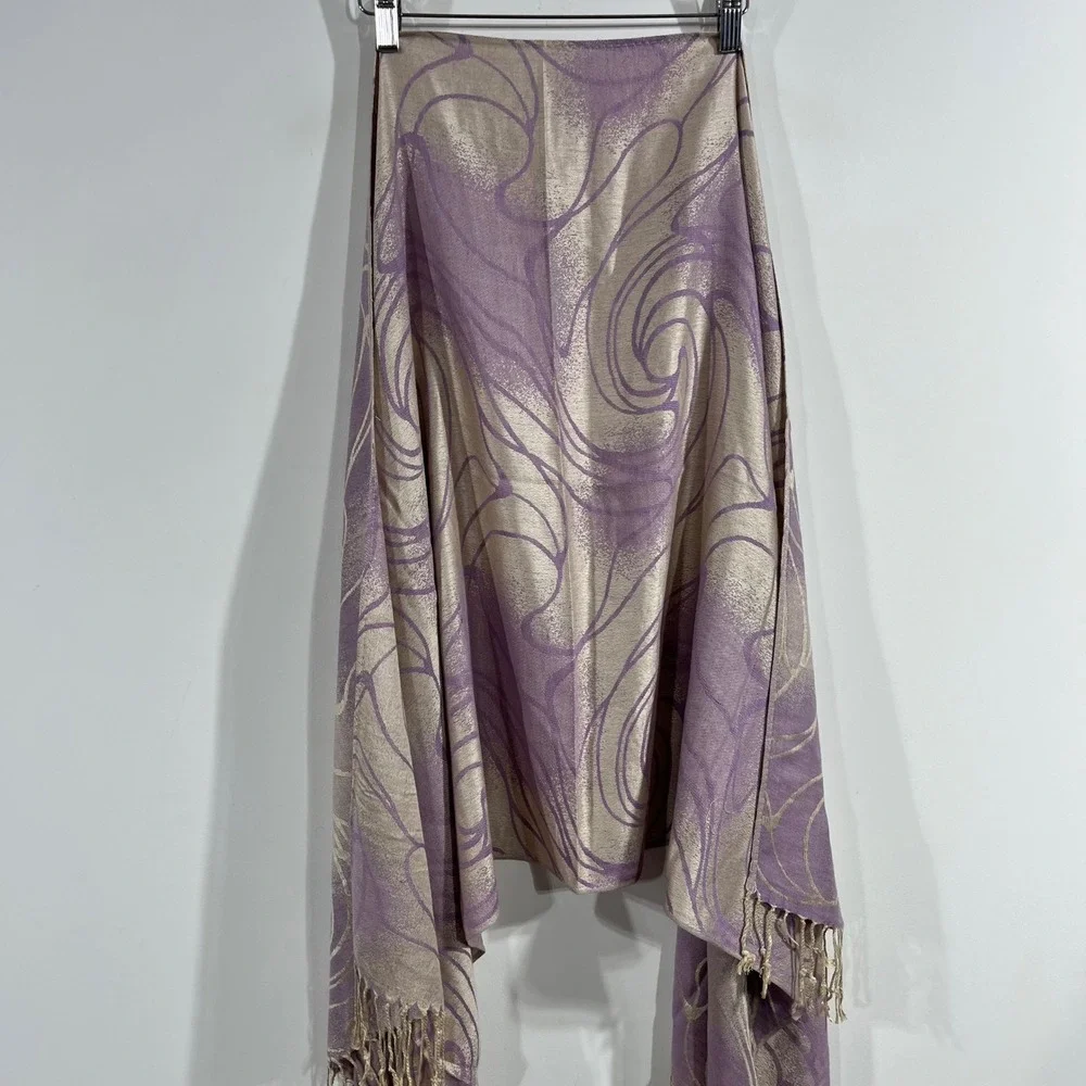 Womens Y2K 100% Cashmere Shawl Lavender Fairy Grunge Gold Jacquard Fringe Scarf